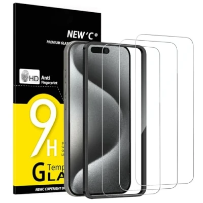 Immagine di NEW&#039;C 3 Pezzi, Vetro Temperato per iPhone 15 Pro (6,1 Pollici), Pellicola Prottetiva Anti Graffio Ultra resistente Trasparente HD Strumento di installazione facile incluso
