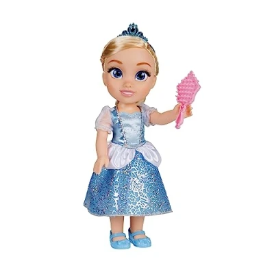 Immagine di Disney Princess bambola 38 cm di Cenerentola, con i suoi abiti iconici arricchiti da dettagli glitterati, tiara scintillante e scarpette coordinate, occhi brillano
