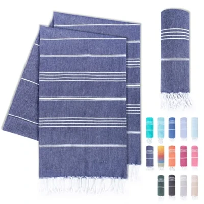 Immagine di LAYNENBURG Set di 2 telo mare premium con frange annodate a mano 100% cotone fouta hammam XXL 100x200 cm OEKO TEX 100 hamam grande asciugamano sauna e pestemal (Blu navy)