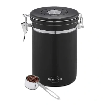 Immagine di SILBERTHAL Porta caffè ermetico 500g Barattolo acciaio inox con cucchiaio Contenitore in grani o macinato Nero