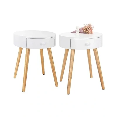 Immagine di WOLTU TS51ws 2 Set di Comodini con Cassetto Comodino Rotondo Tavolino da Salotto in Legno Bianco