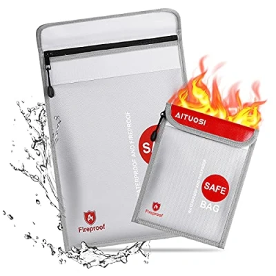 Immagine di Borsa Ignifuga, 38 x 28cm &amp; 23 17cm Impermeabile Resistente al Fuoco Sacchetto del Documento Busta Sacchetto, Lipo Antideflagrante, per documenti, passaporto e contanti (Grigio)