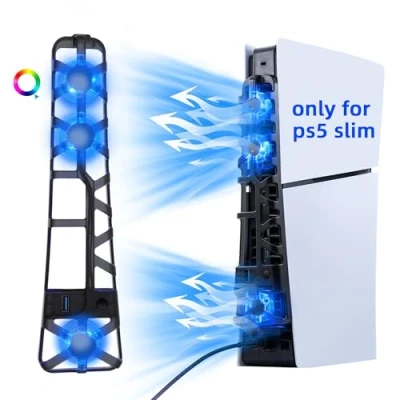 Immagine di Mcbazel PS5 Slim Ventola di Raffreddamento RGB Light con 3 Cooler Dissipazione Rapida, Supporto Controllo Intelligente della Temperatura Compatibile Playstation 5 DE/UHD Nero