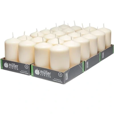 Immagine di Müller Candele a Colonna Cilindriche, Set di 24 Candele, dim. 48 x 90 mm, Colore Avorio, Lunga Durata 16 Ore, Cera Antigoccia, Inodore, Qualità RAL