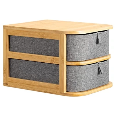 Immagine di Navaris Organizer Bagno in Bambù 2x Scomparti Organizzatore Cosmetici Cassetti Mobiletto Legno Portagioie Design Rustico 17,5x23x15 cm