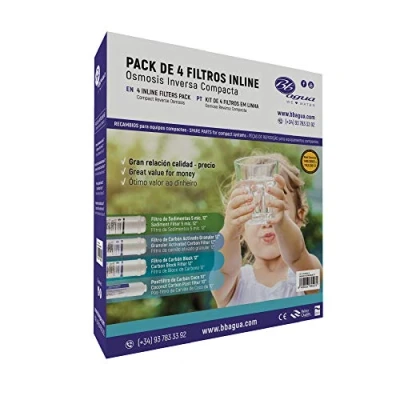 Immagine di Kit da 4 filtri Inline 12&quot; per impianti di osmosi inversa compatti. 1 Filtro edimenti, carbone attivato, Block e Post Coco. Bbagua