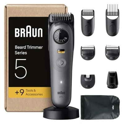 Immagine di Braun Regolabarba Uomo Series 5, +9 Strumenti di Styling, Lama Ultra Affilata, 120 Minuti Autonomia, Impermeabile, Selettore Precisione Con 40 Lunghezze &amp; Blocco, BT5565, Grigio
