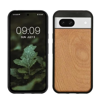 Immagine di kwmobile Custodia Compatibile con Google Pixel 8a Cover Protezione in Legno per Smartphone Back Case Bumper Silicone TPU marrone chiaro/marrone