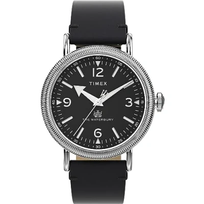 Immagine di Timex Orologio da uomo Waterbury 40 mm, cinturino a sgancio rapido in due pezzi pelle nera, quadrante nero, cassa argentata TW2W20200