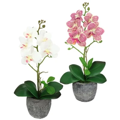 Immagine di fiori artificiali, orchidea artificiale, 35 cm, con foglie e radici aeree, in vaso, phalaenopsis, decorazione per matrimoni, di seta, set da 2 pezzi,