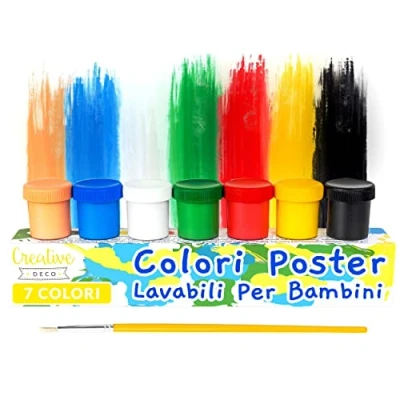 Immagine di Creative Deco Tempere Lavabili per Bambini Colori Pittura a Dita Set 6 x 20 ml Bottiglie Multicolore + 1 Gratis Base Fluorescenti Glitter Metallizzati Neon Principianti e Professionisti