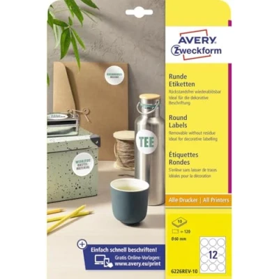 Immagine di AVERY Zweckform 6226REV 10 etichette rotonde (120 adesivi, diametro 60mm su fogli A4, adesivi rotondi da stampare, autoadesive permanenti per barattoli di marmellata) fogli, bianche
