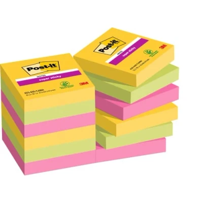 Immagine di Post it Foglietti Super Sticky, Collezione Carnival, Confezione da 12 blocchetti, 90 Fogli/blocco, 47,6 mm x mm, Colori assortiti. Per Appunti, Elenchi &amp; Promemoria