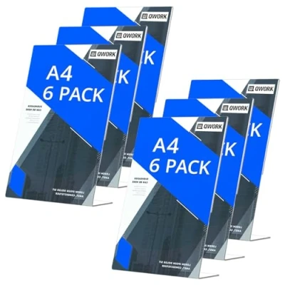 Immagine di QWORK® Set di 6 Espositori da Tavolo A4 in Acrilico, Porta Trasparenti per Menu, Cartelli, Brochure e Volantini