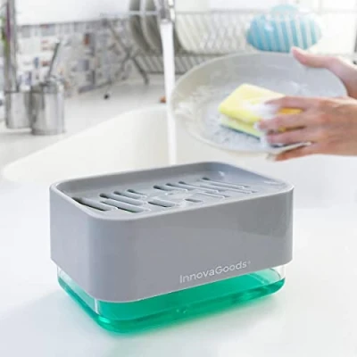 Immagine di InnovaGoods® Dispenser di sapone 2 in 1 per lavandino Pushoap, risparmia ed è molto facile da usare, con funzione liquido e schiuma, design compatto, ideale cucina bagno.