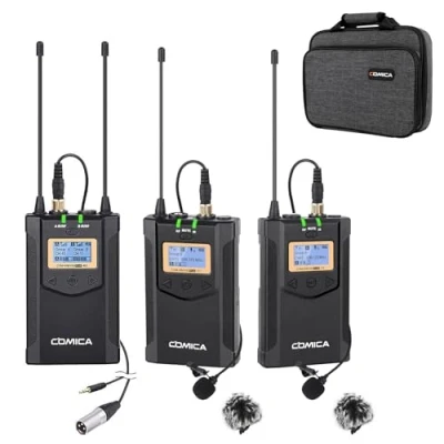 Immagine di comica Microfono Lavalier wireless, CVM WM100 Plus UHF Dual Wireless Sistema con 2 Trasmettitori e Ricevitore per Fotocamere DSLR XLR Videocamera Smartphone YouTube Intervista (batterie AA)