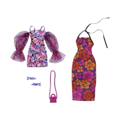 Immagine di Barbie Set di vestiti, moda e accessori, confezione da 2 bambole, abiti eleganti a tema floreale con pezzi per un look completo