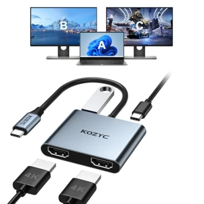 Immagine di adattatore da USB C a doppio HDMI 4K 30 Hz, multiporta hub KOZYC con 2xHDMI, 3.0, PD 100 W, supporto funzione splitter display esteso per MacBook Pro (MST solo Windows)