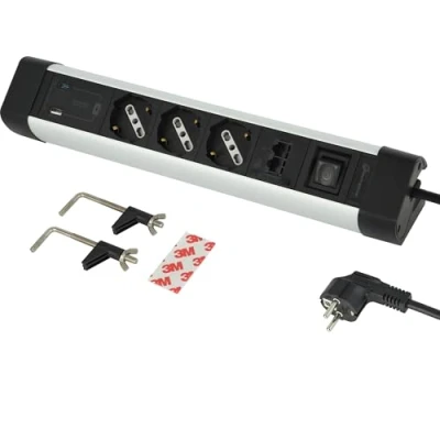 Immagine di Electraline 61923 Multipresa Scrivania 3 Posti Polivalenti P40, Schuko + 10/16 A, con 2 USB (1 A 3.0A 1 C PD20W Power Delivery) RJ45 (entrata+uscita), Cavo H05VV F 3G1.5 lunghezza 2M
