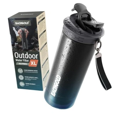 Immagine di Bachgold® borraccia filtrante per acqua non potabile XL [800 ml] con capacità di filtrazione 2000 L I elimina il 99,99% batteri, virus, particelle e metalli pesanti, d&#039;acqua (nero)
