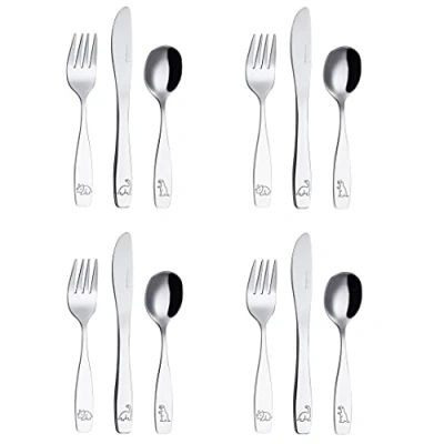 Immagine di EXZACT Posate per bambini 12 pezzi in acciaio inox/posate bimbi 4 x forchetta, coltelli, Cucchiai Cena dinosauri (Dinosauri 12)