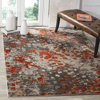Immagine di SAFAVIEH Tappeto Boho per Soggiorno, Sala da pranzo, Camera letto Monaco Collection, A Pelo Corto, Grigio e arancione, 155 X 231 cm