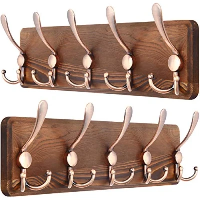 Immagine di SKOLOO Appendiabiti a parete per ingresso Stile casale 5 Ganci Tripli 44 cm da legno Appendere Cappotti Sciarpe, zaini e Altro Confezione 2
