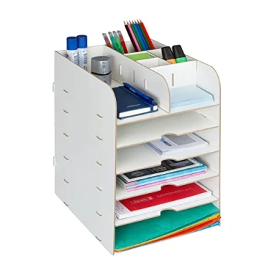 Immagine di Relaxdays Organizer da Scrivania, Portapenne e Portadocumenti, 12 Scomparti, HLP: 34,5 x 25 32 cm, in MDF, Bianco