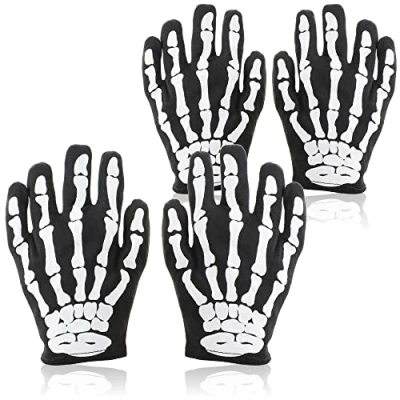 Immagine di COM FOUR® 2 paia di guanti scheletro in nero per bambini osso raccapricciante taglia unica carnevale, Halloween, cosplay mani scheletriche feste a tema (2 coppie 01)