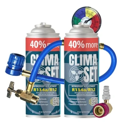 Immagine di Clima Set Sostituzione Gas R134a 2 x 235 g + tubo e adattatore per aria condizionata auto 1995 2016 Refrigeratore climatizzatore automobilistico