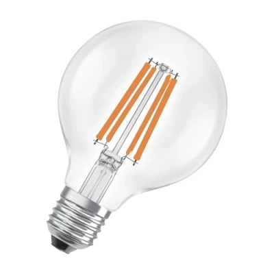 Immagine di OSRAM dalla classica forma a globo, con filamento LED decorativo, classe di efficienza energetica A, E27, 5 W, 1055 lm, 2700 K, bianco caldo. luce immediata al 100%. Sfarfallio basso.