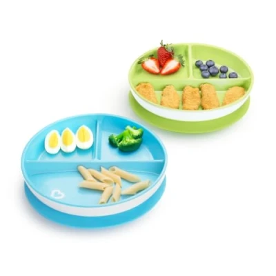 Immagine di Munchkin Stay Put Piatti con Divisori, Set di Scomparti e Ventosa per Neonati Bambini a partire da 6 Mesi, Svezzamento senza BPA Confezione 2 Pezzi, Colori: Verde/Blu