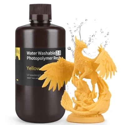 Immagine di ELEGOO Resina Lavabile in acqua Potenziata 2.0, 3D a 405 nm Polimerizzazione UV con Basso Restringimento e Maggiore Precisione per Stampante LCD 3D, Giallo 1000G