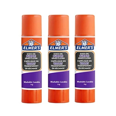 Immagine di Elmer’s Stick di colla viola a scomparsa, diventa trasparente quando si asciuga, ideale per scuola e progetti artigianali, lavabile sicura i bambini, 6 g, 3 pezzi