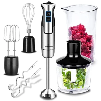 Immagine di Lehmann Chowmei Mixer manuale multifunzione con un set di accessori intercambiabili, 1300 W, contenitore dosatore da 600 ml, ciotola 860 funzione turbo, colore: argento/nero