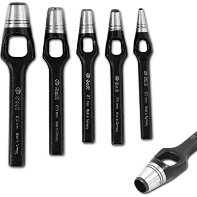 Immagine di S&amp;R Fustelle Manuali a Cavallotto. 5 Punzoni Per Cuoio da 2/5/7/10/12 mm. Fori circolari e bucare materiali morbidi. MADE IN GERMANY