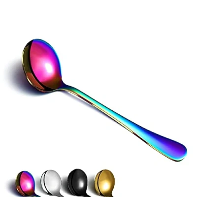 Immagine di Berglander 6 pezzi cucchiai da zuppa arcobaleno, posate a cucchiaio rotonde in acciaio inossidabile, classico colorato lucido, set di tavola lavabili lavastoviglie.
