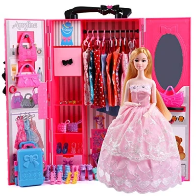 Immagine di UCanaan Armadio Per Bambole Set Guardaroba (Adatto Anche ragazze Da 11,5 Pollici), 44 Pezzi Accessori Inclusi Bambola Alla Moda, Vestiti, Scarpe, Borse, Grucce E Supporto