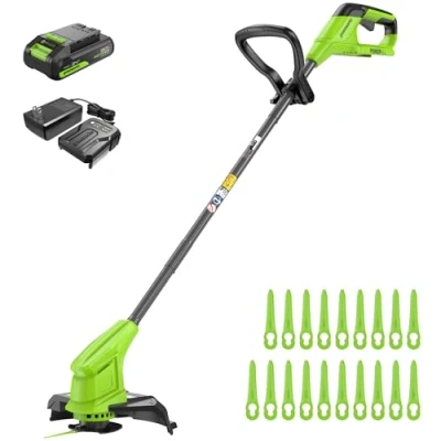 Immagine di Greenworks 24V Tagliabordi a batteria da per giardini di piccole e medie dimensioni, larghezza taglio 25 cm, include 20 lame in plastica con 2,0 Ah caricabatterie