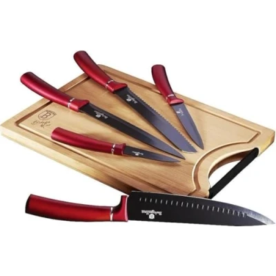 Immagine di BerlingerHaus Burgundy Set di 5 Coltelli da Cucina Professionali, Tagliere in Bambù, Lama Acciaio Inossidabile, Rivestimento Antiaderente Coltello Cuoco, Pane, Affettare, Design Metallic Line