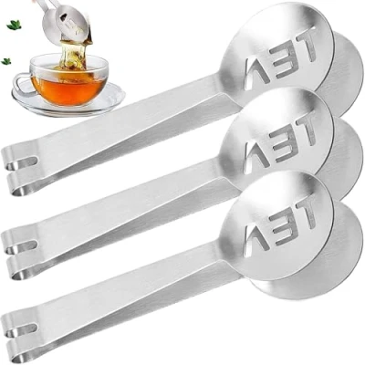 Immagine di MINGZE Spremi bustine di tè, Confezione da 3 pinze spremiagrumi per Bustina thé Strumento, cucchiaini Zucchero, Mini Clip Cucina cubetti Ghiaccio in Acciaio Inox Rotondo