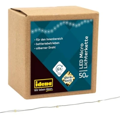Immagine di Idena 31825 Micro catena luminosa a LED con 50 in bianco caldo, funzione timer 6 ore, batteria, lunga circa 5,2 m, per feste, Natale, decorazione, matrimonio, come luce d&#039;atmosfera