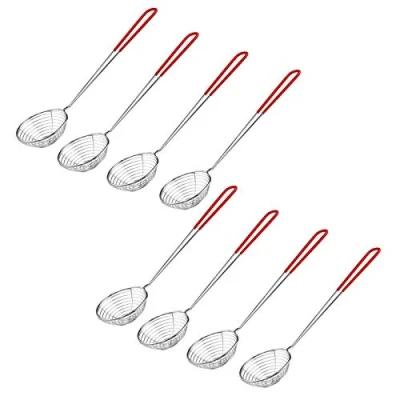 Immagine di TheStriven 8 Pezzi Acciaio Inox Schiumarola Spider Filtro Skimmer con Manico per Scolare i Cibi Fritti e Spaghetti (Rosso)