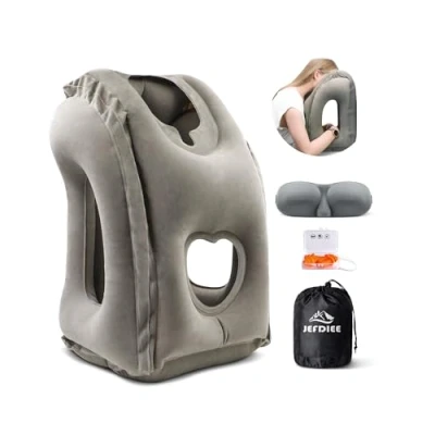 Immagine di Inflatable Travel Pillow, Airplane Neck Pillow Comfortably Supports Head, and Chin for Airplanes, Trains, Cars Office Napping with 3D Eye Mask, Earplugs Portable Drawstring Bag (Gray)