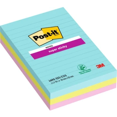 Immagine di Post It Super Sticky Grandi Formati, Collezione Cosmic, a Righe, 101 mm x 152 mm, 90 Fogli/Blocchetto, 3 Blocchetti/Confezione