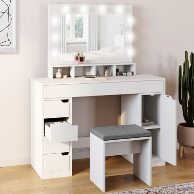 Immagine di Mobiletto ZELIA bianco con specchio LED, 4 nicchie, 5 cassetti, 1 mobile contenitore e sgabello imbottito IDMarket