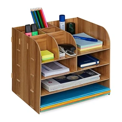 Immagine di Relaxdays Organizer da Scrivania con Portadocumenti, 10 Scomparti, HLP: 27,5x32,5x25 cm, Contenitore MDF, Marrone Scuro, 100% Fibra di Legno 0%