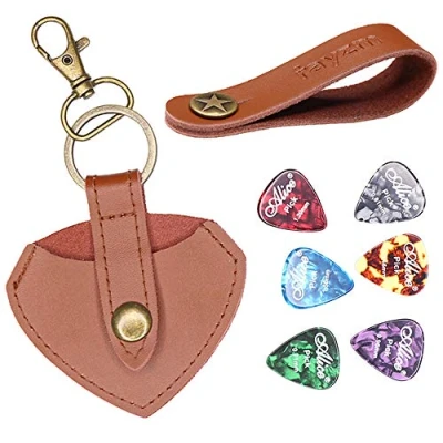 Immagine di Rayzm custodia portachiavi in pelle per plettri, con 6 plettri chitarra, gancio tracolla chitarre acustiche/elettriche/basso