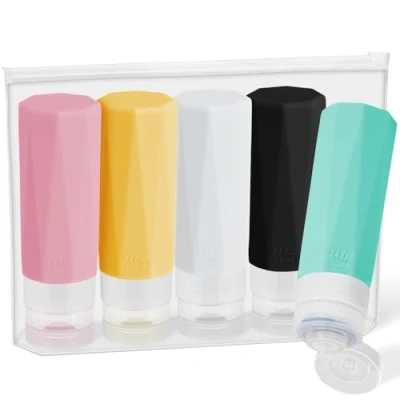 Immagine di Alyvisun Flaconi da Viaggio 100ml, 5 Pezzi Bottiglie Ricaricabili in Silicone, con Borsa Portaoggetti, Anti Perdita Contenitori per Liquidi, Shampoo, Lozione