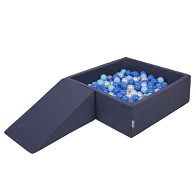 Immagine di KiddyMoon Area di Gioco in Schiuma con Quadrato Piscina Palline (200 Palline) per Bambini, Blu Scuro:Azzurro/Blu/Perla